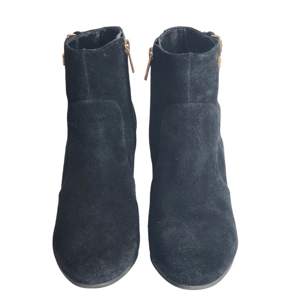 Tory Burch Milan Black Suede Ankle Boots Gold Hardware Block Heel 7 31138372
